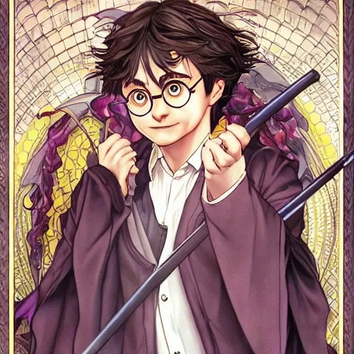 Prompt: harry potter perfect coloring, low saturation, epic composition, masterpiece, bold complimentary colors. stunning masterfully illustrated by artgerm, range murata, alphonse mucha, katsuhiro otomo