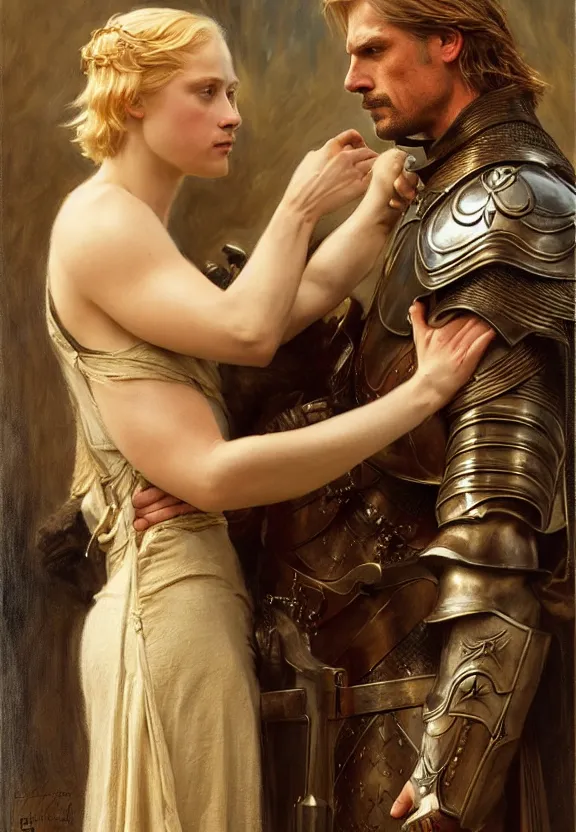 Image similar to attractive handsome fully clothed jaime lannister confesses his love for attractive fully armored brienne of tarth. highly detailed painting by gaston bussiere and j. c. leyendecker 8 k