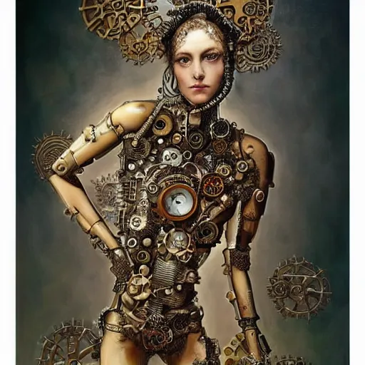 Prompt: A ful body photo of a steampunk beautiful goddess, she half human and half robot, she is embellished with gears wheels and gemstones, by William Holman Hunt, Greg Rutkowski, Stanely Artgerm, Tooth Wu, Peter Gric, Aaron Horkey, trending on Artstation, digital art, mythological, symmetrical artwork, cinematic lighting, hyper realism, high detail, octane render, ultra realistic, golden ratio, 4k, 8k