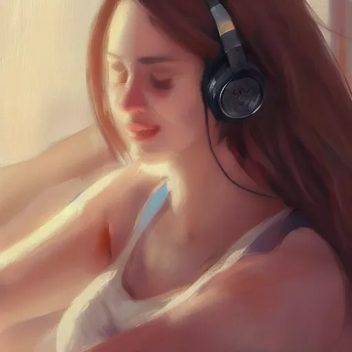 Prompt: portrait of beautiful woman listening to headphones, tank top, studying for school, art by wlop.