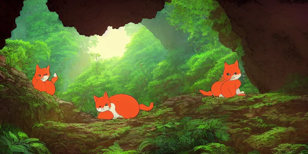 Image similar to red cat shaped like totoro looking into large cave entrance in a lush forest, beautiful ambiance, sunset, studio ghibli style, by hayao miyazaki, sharp focus, highly detailed, 4k