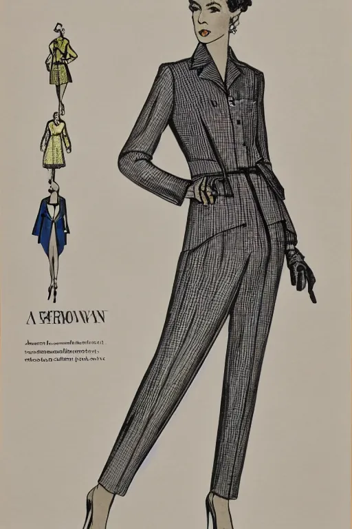 Image similar to a detailed high fashion woman wearing a mid century outfit