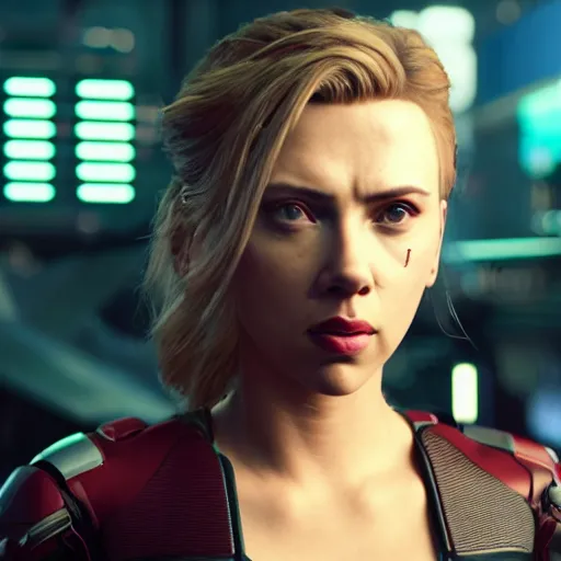 Prompt: angry cybernetic scarlett johansson after a bad mission in Cyberpunk 2077. CP2077. 3840 x 2160