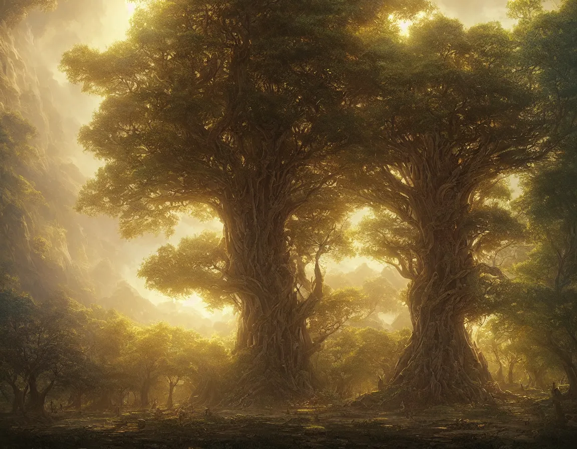 Image similar to hyper realistic detailed matte painting of tree of knowledge, hd, hdr, by moebius and john howe and albert bierstadt and alena aenami, ultra detailed, high resolution