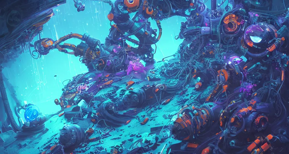 Image similar to bioluminescent underwater cyberpunk life fighting, blue, orange, purple, cyberpunk submersible, deep ocean, bottom of the sea, dark, extreme depths, organic, mariana trench, midnight zone, bubbles, hyper realistic, hyper detailed, digital art, trending in artstation, studio quality, photorealistic, photo, by jesper ejsing, wlop, paul lehr