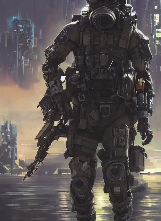 Prompt: Ezra. USN special forces futuristic recon operator, cyberpunk military hazmat exo-suit, on patrol in the Australian autonomous zone, deserted city skyline. 2087. Concept art by James Gurney and Alphonso Mucha. (mgs, rb6s)