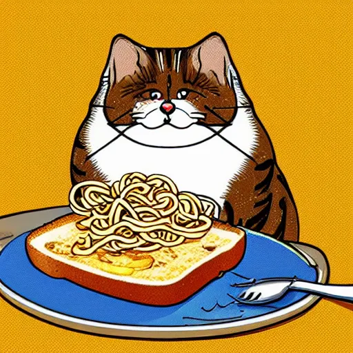 Prompt: obese cat sitting next to a slice of toast with indomie mi goreng noodles on top, traditional artstyle