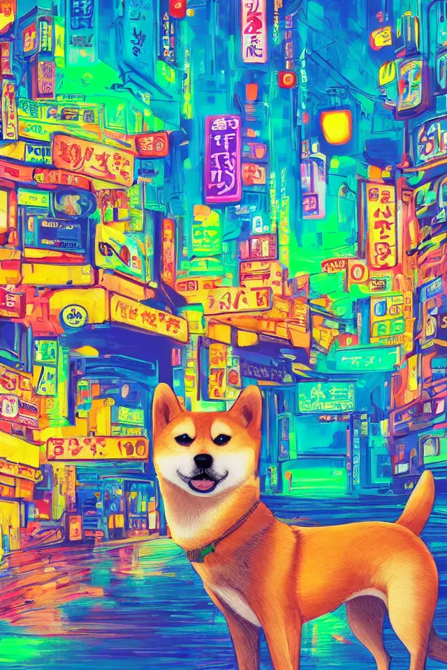 Prompt: a portrait of a shiba inu dog in the neon streets of tokyo, in the style of studio ghibli, artistic, colorful palette, highly detailed