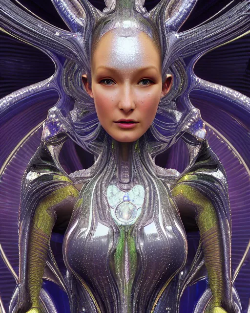 Image similar to a highly detailed metahuman 4 k close up render of an alien goddess bella hadid android in iris van herpen dress schiaparelli in diamonds crystals swarovski and jewelry iridescent in style of alphonse mucha gustav klimt trending on artstation made in unreal engine 4