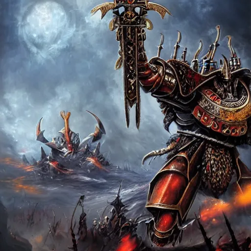 Image similar to a hyperrealistic magnificent robot holding a powerful sword, archaon the everchosen, terminator, Terminator: Dark Fate, most beautiful image ever created, emotionally evocative, greatest art ever made, lifetime achievement magnum opus masterpiece, the most amazing breathtaking image with the deepest message ever painted, a thing of beauty beyond imagination or words