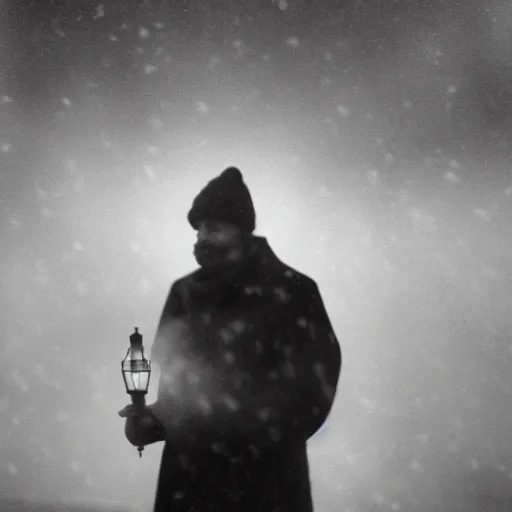 Prompt: a man holds a lantern, snowstorm, foggy, cold, view from the distance, black and white vintage photo