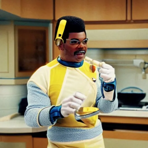 Image similar to Geordi LaForge wearing visor and a colander and random kitchen tools on his head