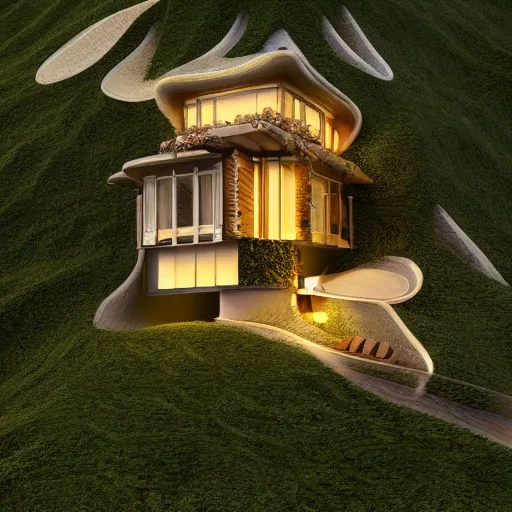 Image similar to ! dream small hillside house made of honey, modern lighting, hyper - realistic, hyper - detailed, 8 k, octane rendered, art nouveau, organic, flowing, impossible torsion, writhing, lush, dynamic