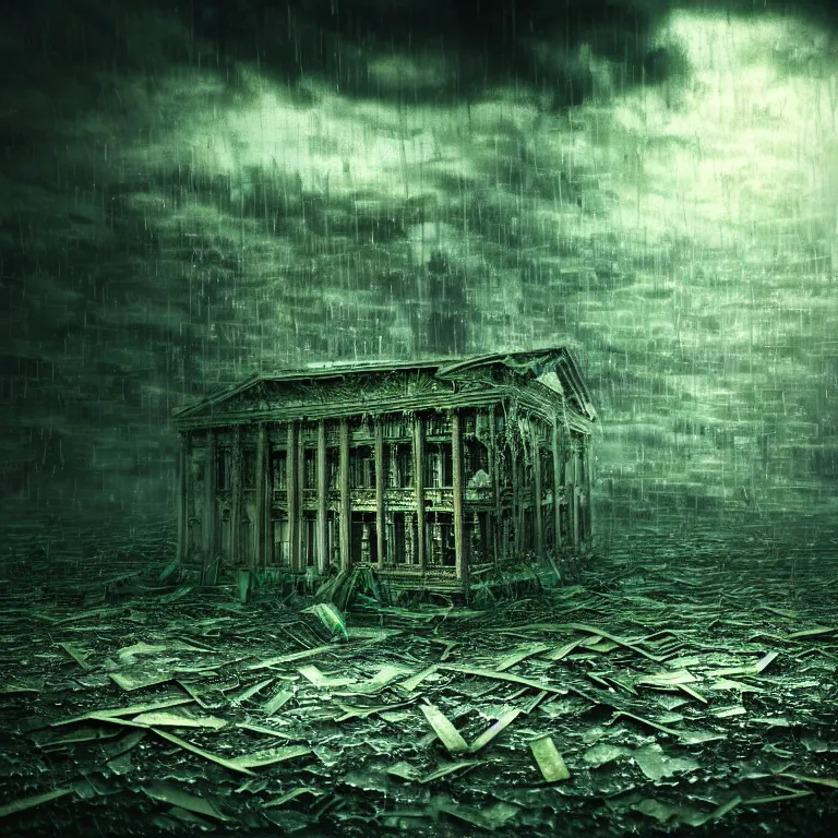 Prompt: surreal abandoned ribbed broken dripping computer, dark clouds, dark green tint, surreal abandoned buildings, dream-like heavy atmosphere, baroque painting, beautiful detailed intricate insanely detailed octane render trending on Artstation, 8K artistic photography, photorealistic, dramatic volumetric cinematic perfect light, chiaroscuro, award-winning photograph, masterpiece, Raphael, Caravaggio, Beksinski, Giger