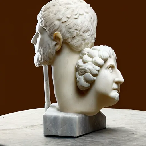 Image similar to a roman marble sculpture a person using a computer