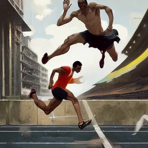 Prompt: cinematic painting of qwop!!!!!!!!!!!!!!!!! running down the track, art by krenz cushart and artem demura and alphonse mucha, kinetic, motion, athletic, running