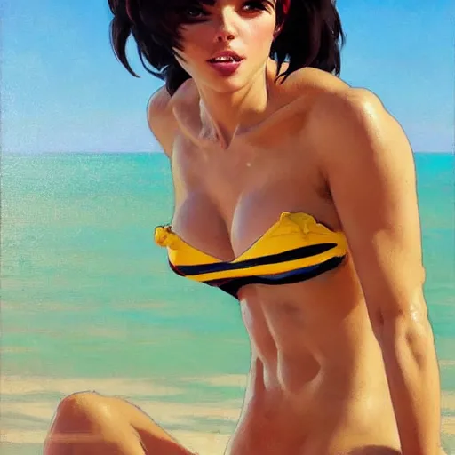 Image similar to greg manchess painting of tracer wearing a bikini in a beach, medium shot, organic painting, sunny day, bold shapes, hard edges, street art, trending on artstation, by huang guangjian and gil elvgren and sachin teng and artgerm and greg rutkowski and alphonse mucha