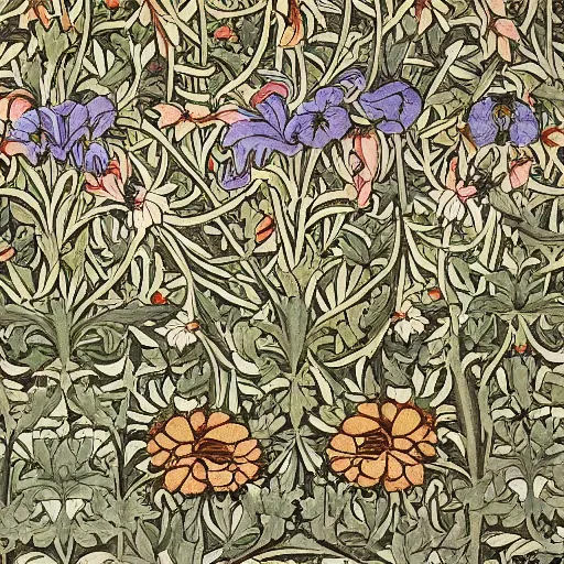 Image similar to foliage and flowers in an elaborate motif covering the wall , detailed high quality art in the style of William Morris,