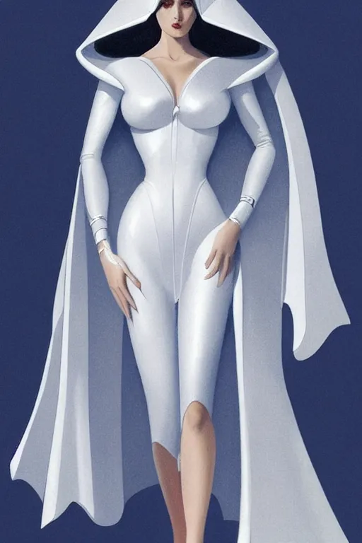 Prompt: detailed beautiful noun in opened white gold blue coat, seductive confident pose, attractive feminine curves, intricate details, futuristic, alien, elegant cape, elegant, photorealism, trending on artstation, sharp, holy halo, advanced technology, art by moebius and vitaly bulgarov and chanthara