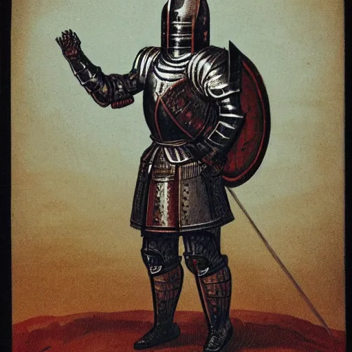 Prompt: A knight wearing his full set of plate armour. He has his sword raised in the air at night, standing ontop of a mountain towards the moon