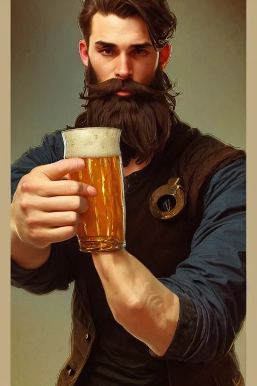 Image similar to a young man holding a beer giving a thumbs up with a long beard, real life skin, intricate, elegant, highly detailed, artstation, concept art, smooth, sharp focus, art by artgerm and greg rutkowski and alphonse mucha