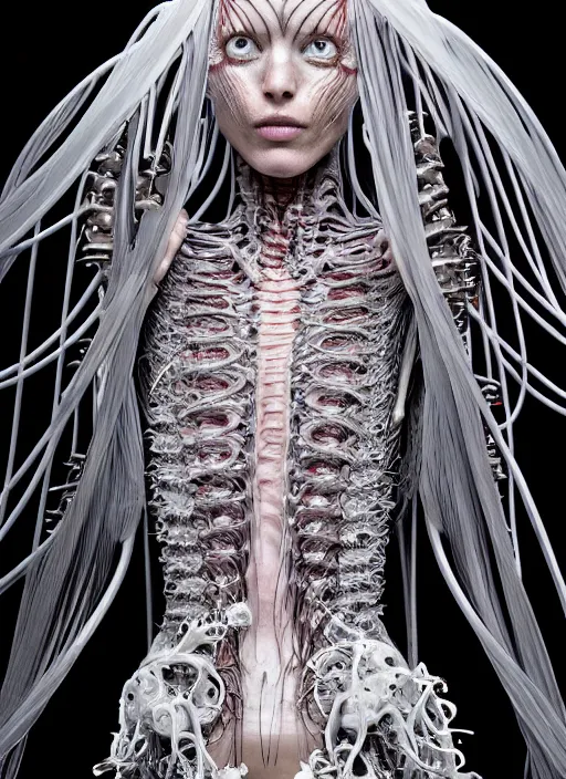 Image similar to walking down the catwalk, ben watts, show, stage, vogue photo, podium, fashion show photo, historical baroque dress dark, iris van herpen, beautiful woman, masterpiece, intricate, biopunk, vogue, full body shot, alien, plant predator, guyver, giger, wires, tubes, veins, jellyfish, white biomechanical details, highly detailed