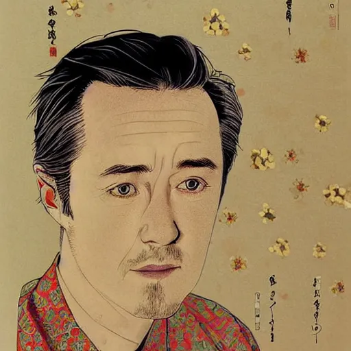 Prompt: “ edward norton portrait by ikenaga yasunari and ayana otake and ko rakusui, 6 0 s poster, drawing, realistic, sharp focus, japanese, dreamy, nostalgia, faded, golden hues, floral clothes, porcelain skin ”