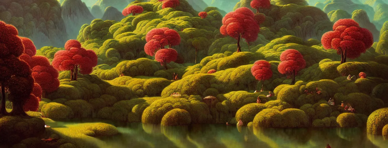 Image similar to a gorgeous very early spring series of lush islands separated by flower - lined streams, twisted gardens, painting by barlowe wayne maxfield parrish and marco mazzoni. tree no leaf!!!! china mountain village!! very little light verdancy. ultra clear detailed. 3 d, octane render. turbulent blood lake.