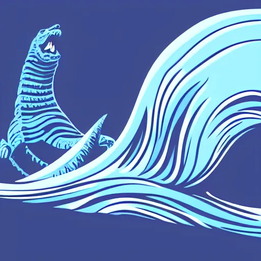 Image similar to a blue water wave in the silhouette shape of Godzilla, cartoon drawing