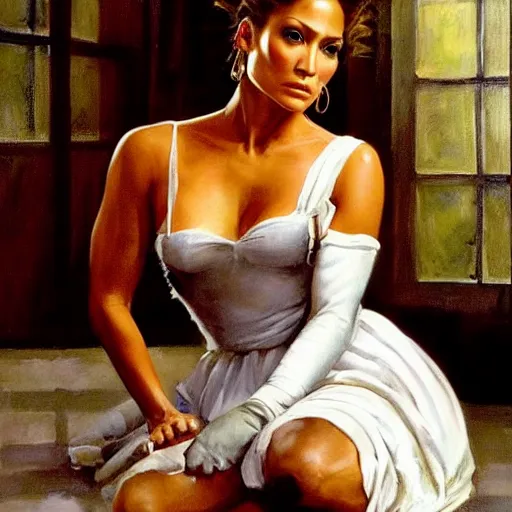 Prompt: ultra realistic portrait painting of jennifer lopez as a maid in manhattan, art by frank frazetta, 4 k, ultra realistic, highly detailed, epic lighting.