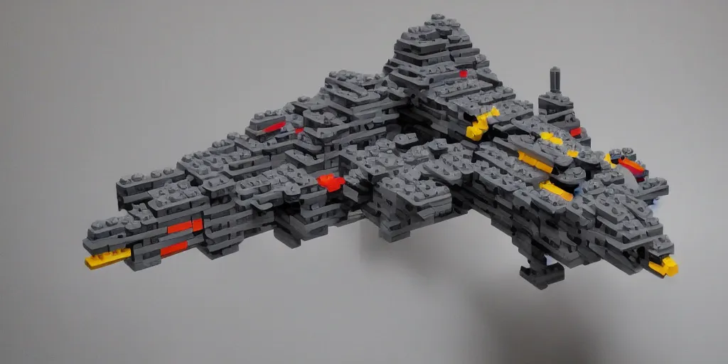 Image similar to gigantic spaceship made with grey legobricks, flying in the galaxy