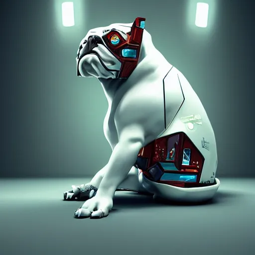 Image similar to « a cartoon cyborg bulldog sitting down, cyberpunk art by grillo demo, cgsociety, 2 d art, future tech, made of liquid metal, sketchfab »