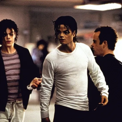 Prompt: michael jackson as tylor durden and tom hanks as narrator in the movie fight club, photo, still frame, cinematic.