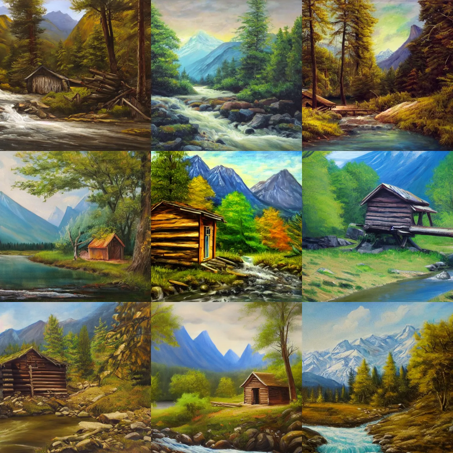 Prompt: a shack in the woods near a river, there is a bridge on river, two mountains in background, rivers flows from between mountains, realistic, oil painting