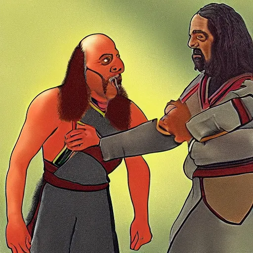 Prompt: Gowron spanks Worf with a glory stick