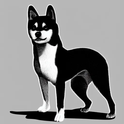 Prompt: Black and white line art of a Shiba Inu