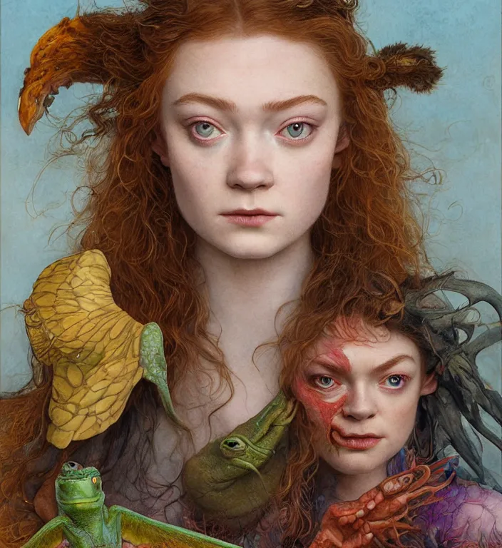 Prompt: a portrait photograph of a meditating fierce sadie sink as a colorful harpy super hero with scaled skin. she is trying on skin grafts and transforming into a slick amphibian. by tom bagshaw, donato giancola, hans holbein, walton ford, gaston bussiere, peter mohrbacher and brian froud. 8 k, cgsociety