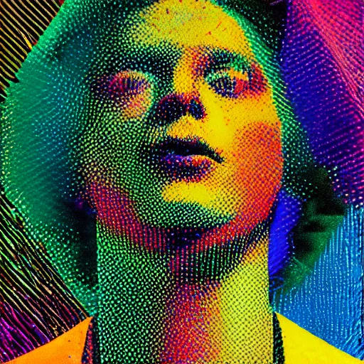 Prompt: magazine photo of a psychedelic portrait, halftone texture