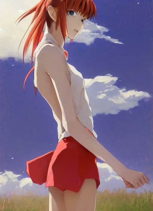 Image similar to portrait of Asuka Soryu Langley from Neon Genesis Evangelion enjoying her vacation, countryside, calm, fantasy character portrait, dynamic pose, above view, sunny day, thunder clouds in the sky, artwork by Jeremy Lipkin and Giuseppe Dangelico Pino and Michael Garmash and Rob Rey, very coherent asymmetrical artwork, sharp edges, perfect face, simple form, 100mm