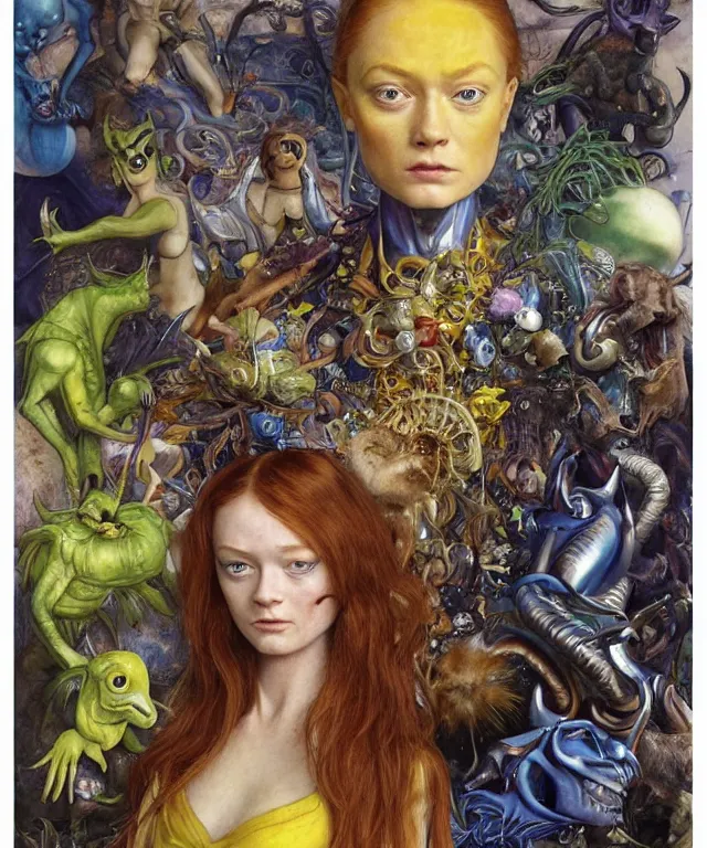 Prompt: a portrait photograph of sadie sink as an alien super villian with shiny colorful skin and yellow eyes. she is trying on a bulbous shiny organic dress and being transformed into an animal by magic. by donato giancola, hans holbein, walton ford, gaston bussiere, peter mohrbacher and brian froud. 8 k, cgsociety, fashion editorial