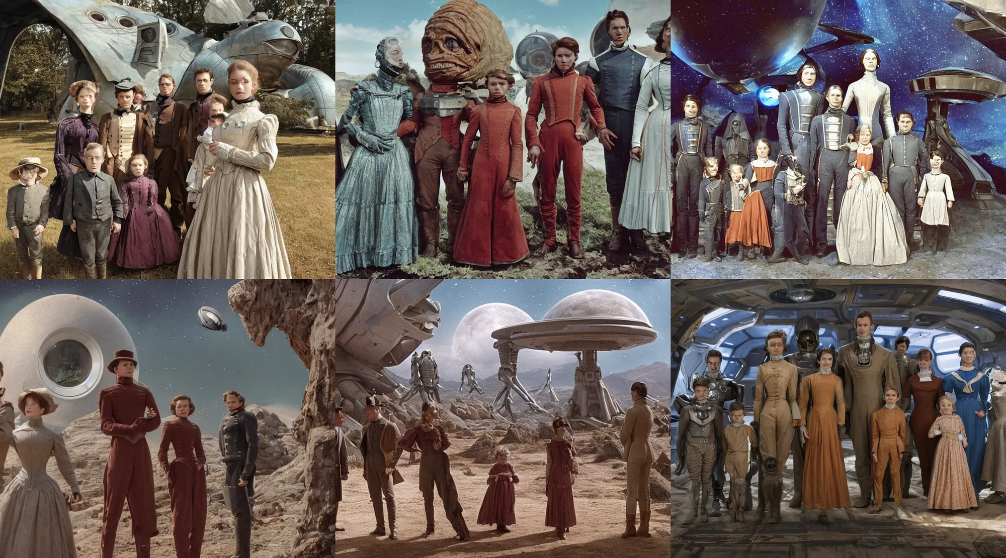 Prompt: sharp, highly detailed, 256k film still from a sci fi blockbuster color movie made in 2022, set in 1860, of a family standing in front of a spaceship that has just landed on an alien planet, a humanoid alien creature stands nearby, the family are all wearing 1850s era clothes, cinematic lighting, sharp focus, extremely good lighting, winner of seven oscars