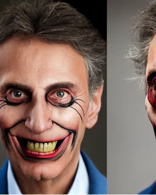 Prompt: Mauricio Macri in Elaborate Cat Man Makeup and prosthetics designed by Rick Baker, Hyperreal, Head Shots Photographed in the Style of Annie Leibovitz, Studio Lighting, Mauricio Macri as the Joker