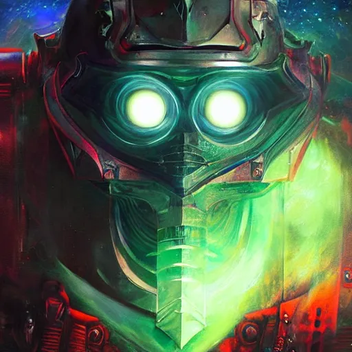 Prompt: portrait of an evil robotic man as a paladin in full shining armor with one beautiful green glowing eye, oil painting, digital painting, intricate detail, vivid color, neon color, artwork by ross tran + raymond swanland, background artwork by steven outram