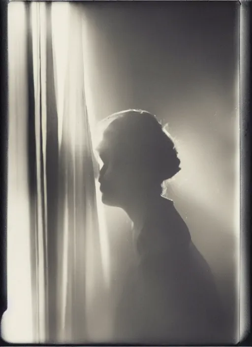 Image similar to a woman looking out a window in the afternoon, flash polaroid photo by george hurrell, hazy light rays, golden hour