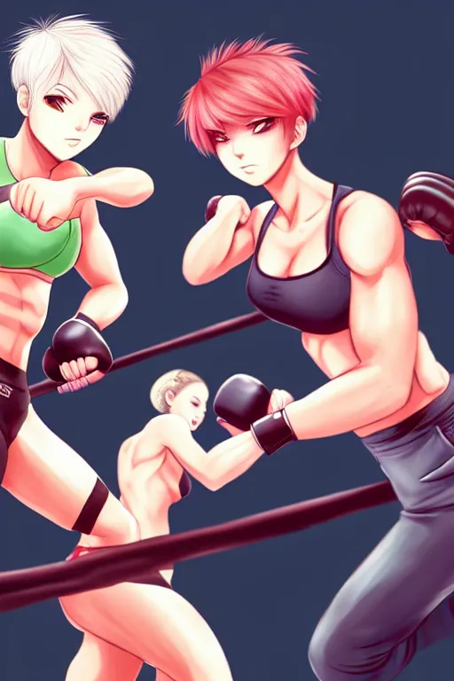 Prompt: two beautiful female fighters with short hair facing each other in the gym, gorgeous features, high definition, sharp focus, detailed anime art