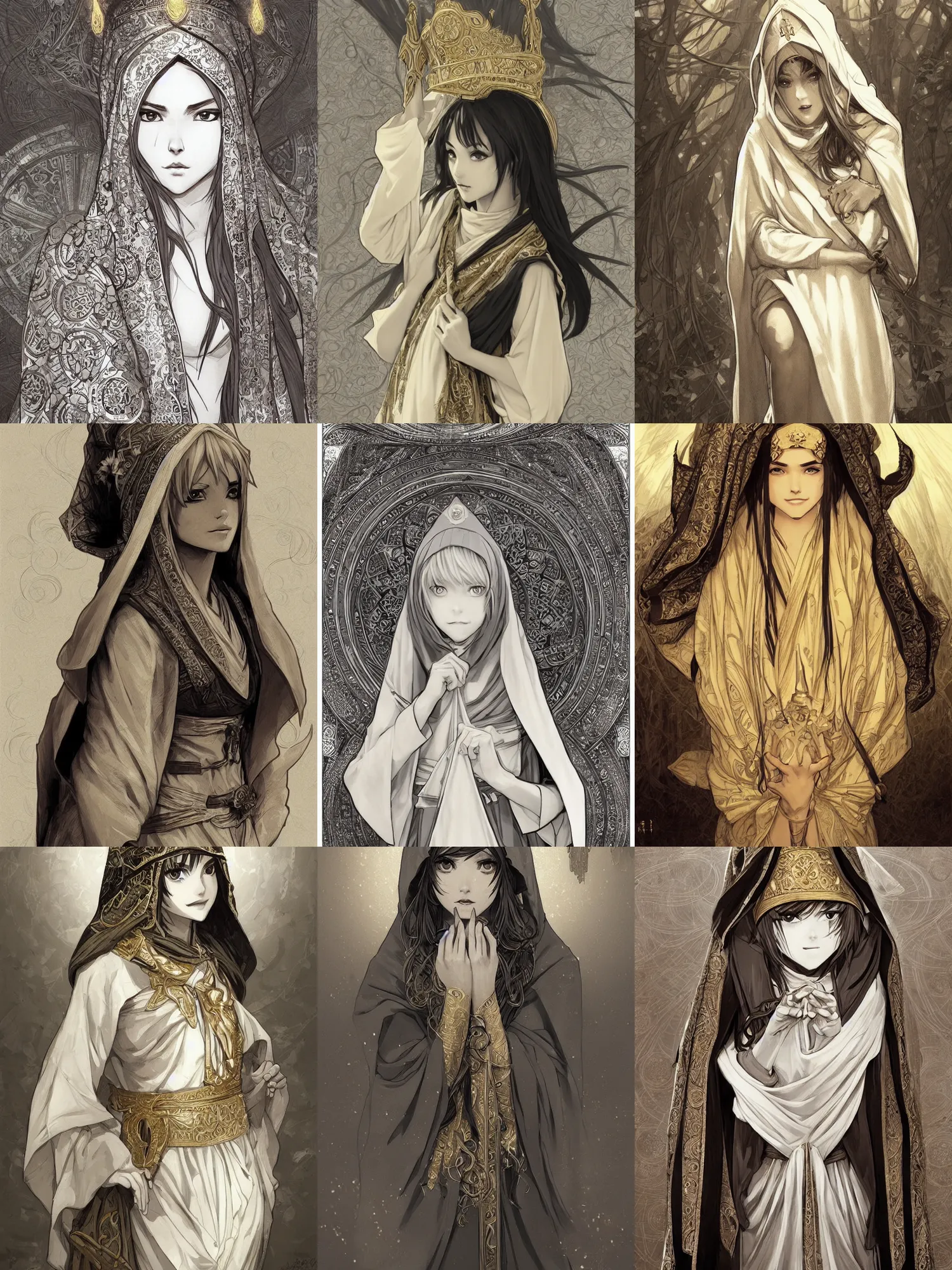 Prompt: picture of a teenager priestess, short robes, ornamental hood, golden scarf, pointy hat, cute face, graceful, highly detailed, detailed face, manga illustration, black and white, by artgerm, greg rutkowski, alphonse mucha
