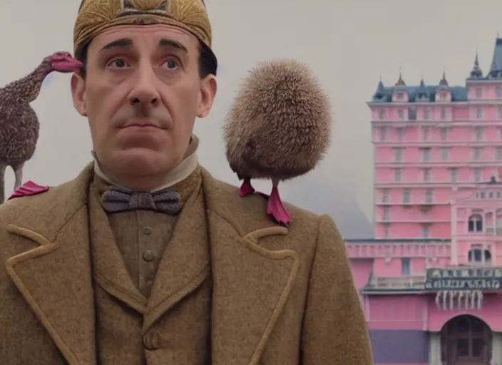 Prompt: a film still of a pompous ostrich in the grand budapest hotel ( 2 0 1 4 ) )