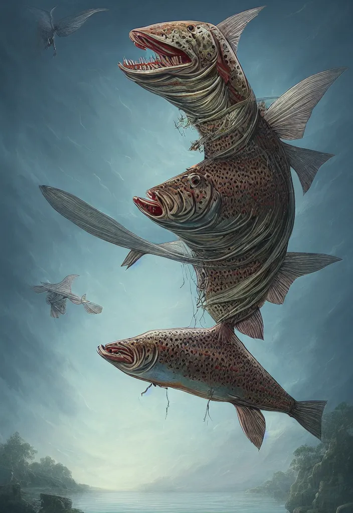 Prompt: a beautiful digital illustration concept of an anthropomorphic trout as the angel of death by benoit b. mandelbrot, steven belledin, martin johnson heade, lee madgwick, caspar david friedrich, and david rios ferreira. 8 k resolution trending on artstation concept art digital illustration