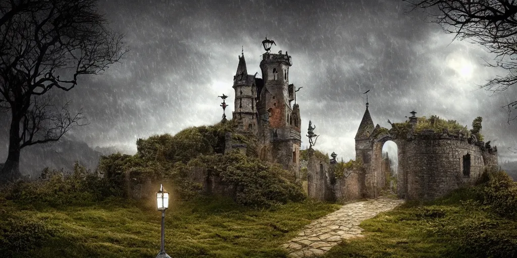 Prompt: matte painting, castle, dramatic landscape, overgrown, cinematic, overcast, lantern light, rain