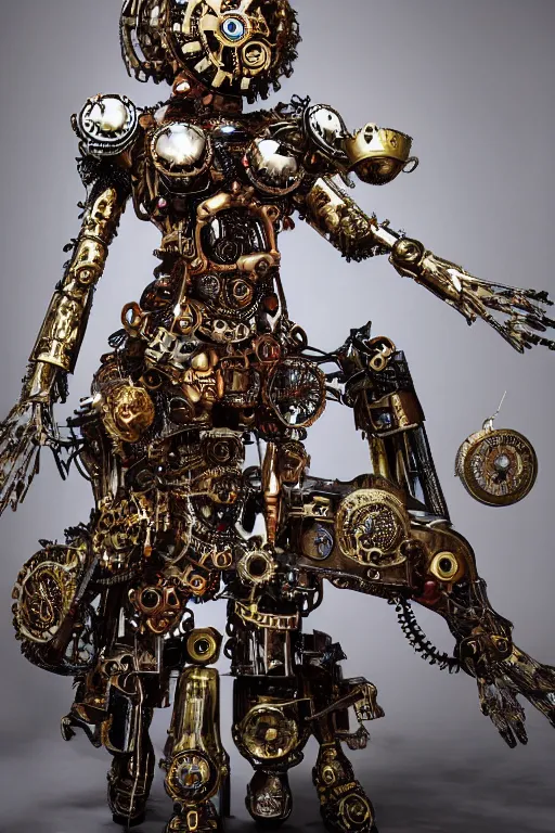 Image similar to steampunk clockwork durga mecha by marek okon designed by alexander mcqueen dress by guo pei